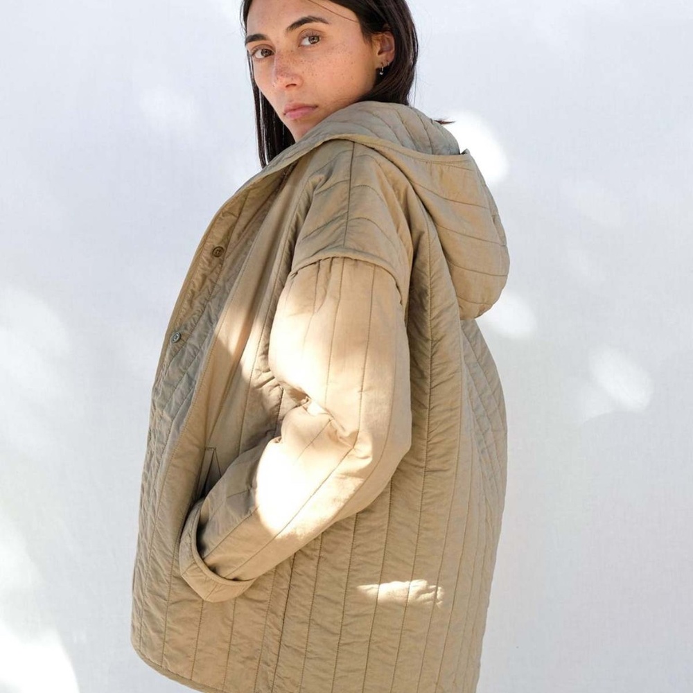 MICAELA GREG The Straight Quilt Jacket in Faded Olive Hooded Coat Cotton Size M - Picture 3 of 16